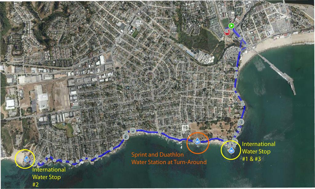 Run Course Maps International and Sprint Distances There will be two water stations, providing three opportunities for water on the 10K international run course.