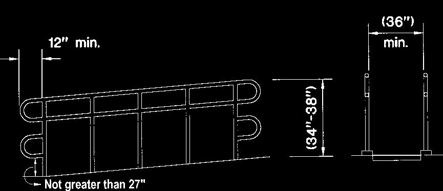 Accessible routes having grades steeper than 1:20 (5 percent) shall have handrails on both sides. Handrails shall extend at least 12 inches beyond the top and bottom of any ramp run (see Figure 123).