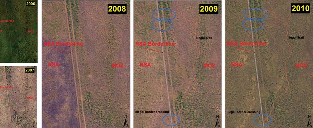 Fig. 5: Using a time series of remote sensing imagery to identify illegal cross border activities. Fig. 6: Applying object-orientated image-based classification.