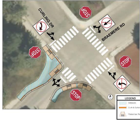 1 Lower Braemere Road Diverter at Curling Drive To reduce the estimated 1,080 daily cut-through trips on Lower Braemere Road, ACHD considered several mitigation ideas at the Curling Drive and