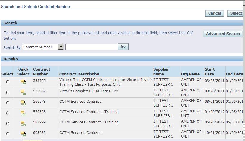 4. When you click the Go button the window will refresh to display a list of your Ameren CCTM GCPA's (Contract Numbers).