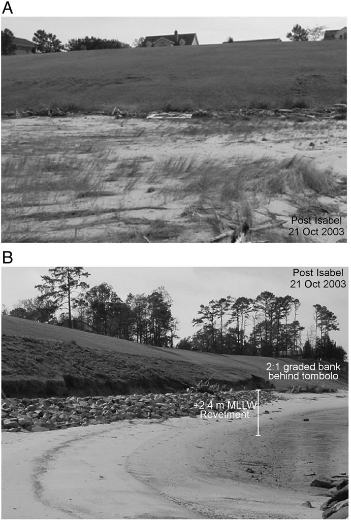 View along the upriver portion of Water Street, Yorktown, Virginia (site #9), at the main recreational area A) before Hurricane Isabel, B) immediately after Isabel, and C) after the beach was