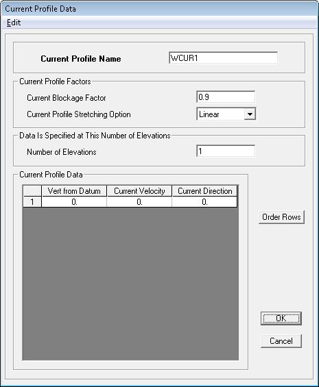 Figure 9: Current Profile Data Form 2. Enter the current blockage factor in the Current Profile Factors area of the form.