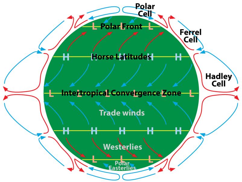 www.ck12.org Chapter 15. Earth s Atmosphere FIGURE 15.12 The atmospheric circulation cells, showing direction of winds at Earth s surface.