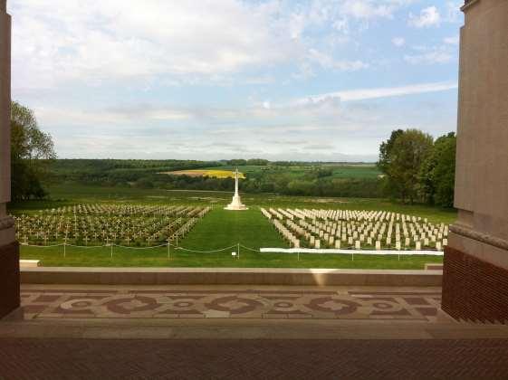 The view through the central arch of Thiepval Memorial looking beyond the Anglo/French cemetery and down towards Thiepval Wood and the Ancre Valley where the 36 th Ulsters went