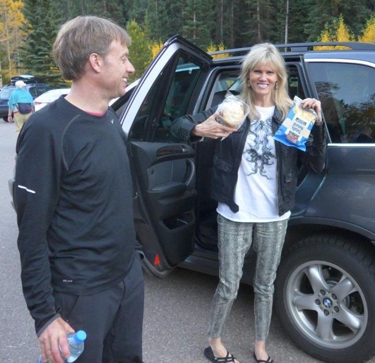 Rick s wife Tricia had been watching our Spot Tracking on and off all day and timed her arrival at the Bells parking lot with cookies, sandwiches, water and a big congratulatory hug.