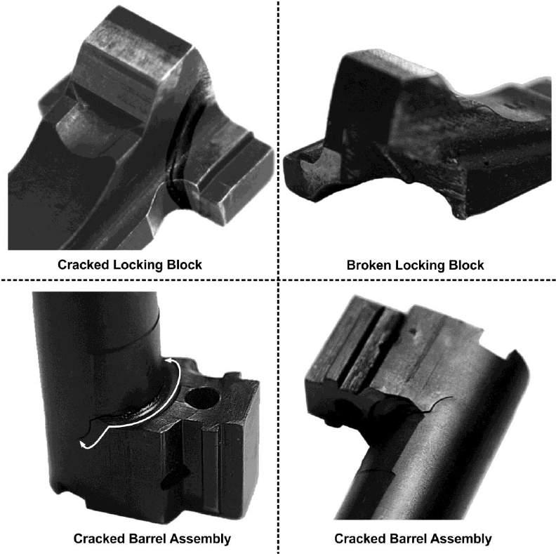 Figure 2-12. Images of cracked or broken locking blocks and barrel. Assembly 2-8. Assemble the M9 pistol using the following steps. a. Grasp the slide with the bottom facing up. b. With your other hand, grasp the barrel assembly with the locking block facing up.