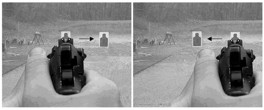1. Aggressively and efficiently move the pistol to exactly where your eyes are looking by rotating your hips toward the next target.