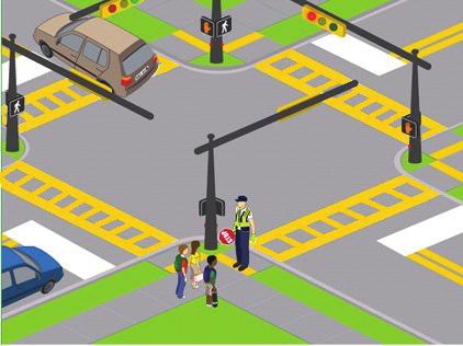 6. Crossing procedures for a variety of situations Signalized Crosswalks 2. Wait for walk indication In the case of a signalized crosswalk, a pedestrian pushbutton is ordinarily installed. 1.