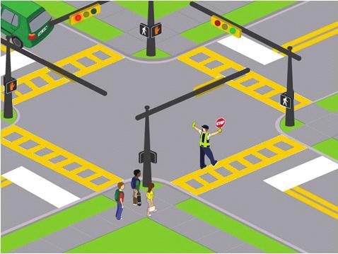 6. Crossing procedures for a variety of situations 3. Enter crosswalk, stopping near-side approaching vehicles 4. Alert far-side approaching vehicles Figure 21.
