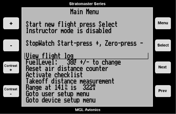 The steps for viewing the flight log/lesson log are: From the main display press Menu.