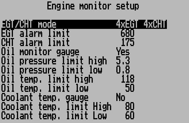 Engine detail setup menu This page sets the display and alarm characteristics that define most of your Stratomaster Ultra X EMS system.
