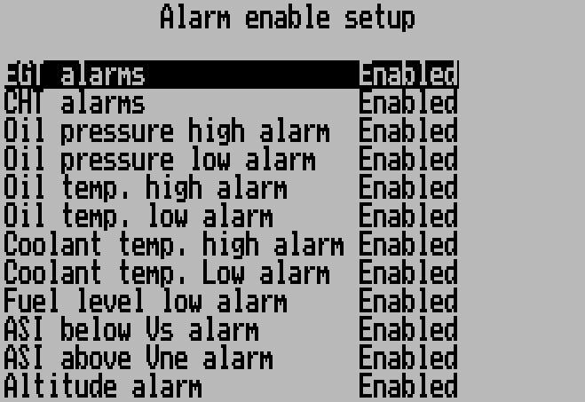 Alarm enable setup menu This menu controls the individual alarms in the Ultra X system You can enable or disable each alarm source as you require for your application.