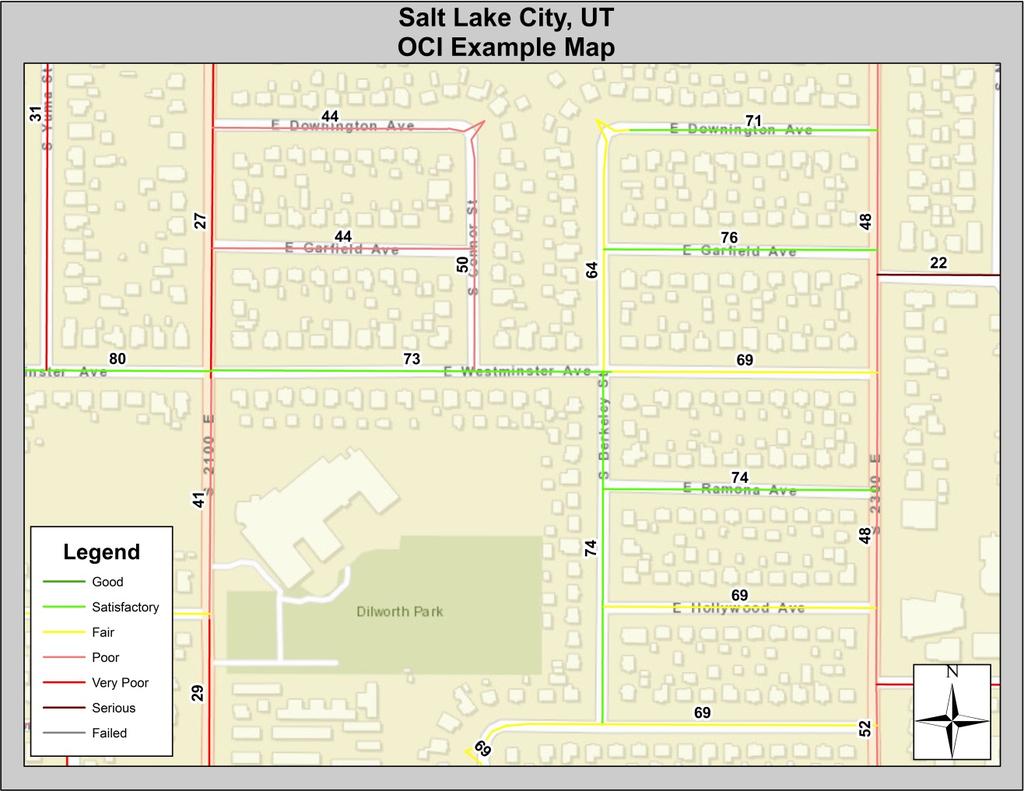 Salt Lake City, UT 2017 Pavement Condition Report 24 Figure 25: Salt Lake City, UT OCI Example Map The OCI value for each road segment can be viewed in the final Geodatabase delivered to Salt Lake