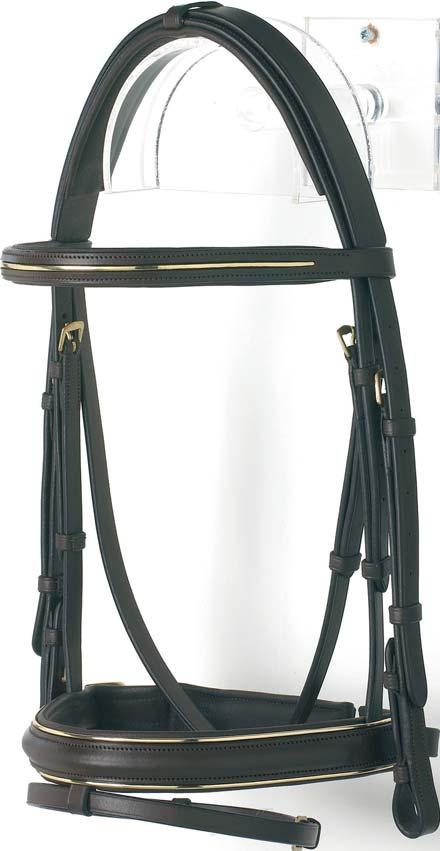 ADVANTAGE Contrast Bridle code B110 size and cheek width: Pony 1/2 Cob 5/8 Full 5/8 Features - brown with gold piping: brass fittings padded slip head piece raised and lined browband