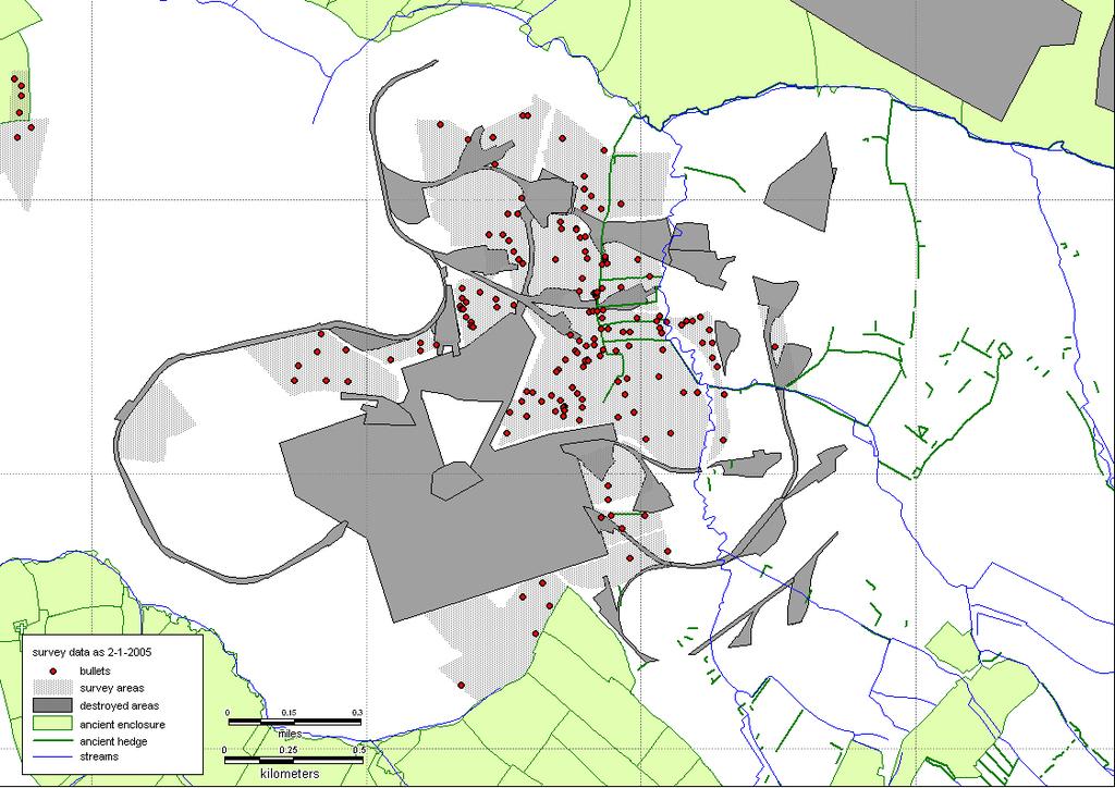 Figure 15: An interim plan showing the distribution of bullets in relation to the areas surveyed and the areas of destruction where no archaeology survives.