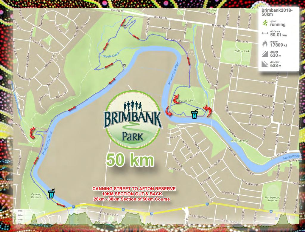 The 50km consists of 3 x sections, Section 1 is the 5km course (5km), Section 2 takes in Horseshoe Bend Farm (15km) and Section 3 takes in the river trail to canning reserve, Afton Street and back