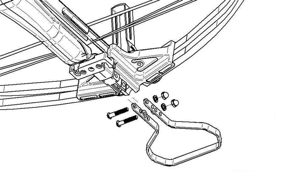 Reinsert the ¼-20 button-head cap screw through the third hole of the foot stirrup and through one ½ nylon washer, then through the second hole of the prod housing, and through the second ½ nylon