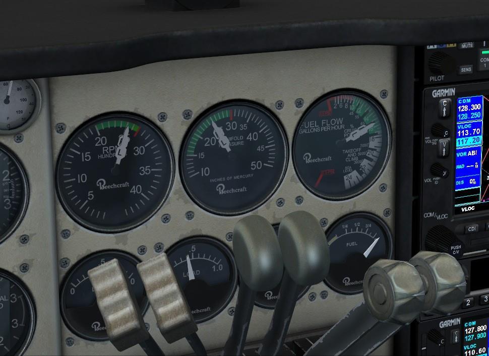 Figure 9 Note that in figure 9 how the six levers on the throttle quadrant are arrayed, and how the needles on the three primary engine gauges appear.