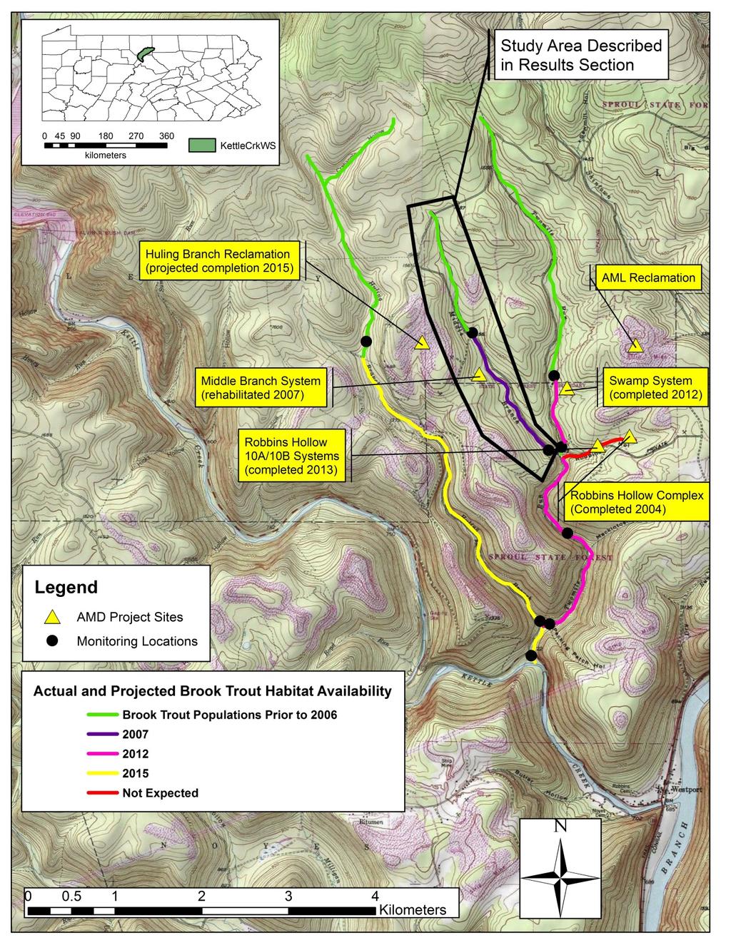 Figure 9: Map depicting restoration efforts in the Twomile Run watershed. AMD treatment systems and reclamation projects are shown in yellow.