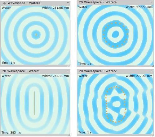 Images made using Crocodile Physics The wavefronts generated by a point source are shown in the upper left.