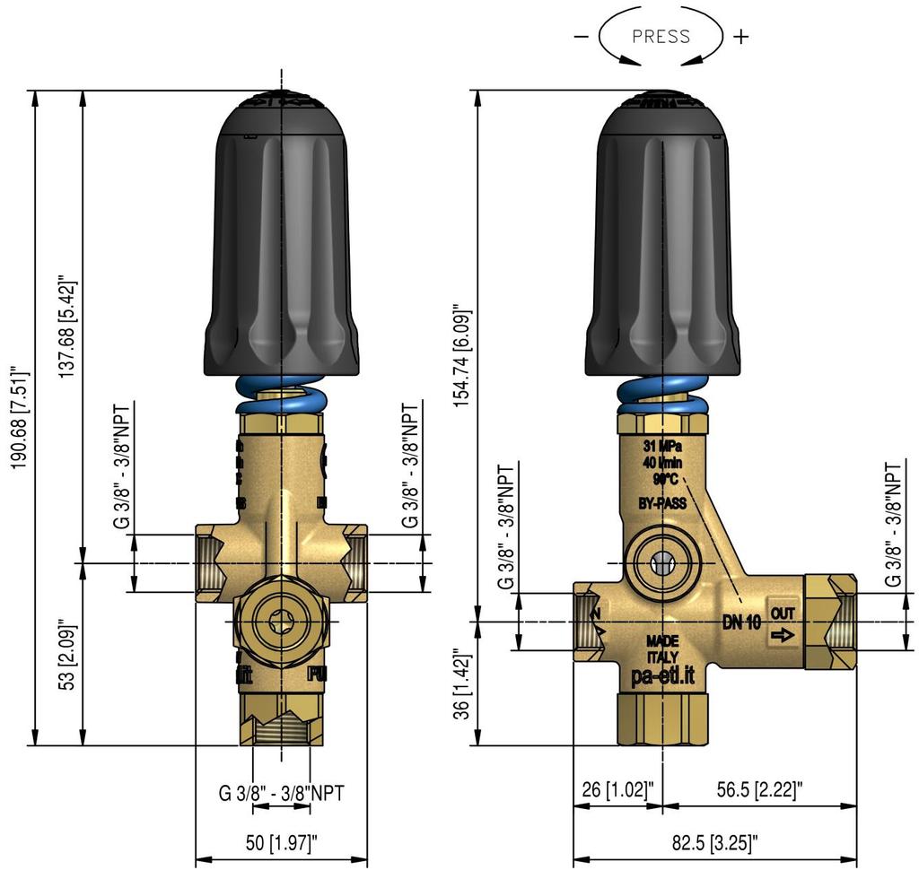 Ultimo aggiornamento: 20/04/18 DESCRIPTION The valve has two inlet ports with Bsp 3/8 F thread (3/8 NPT F). If the valve is fed through the lower inlet port, the maximum flow rate is 20 l/min (5.