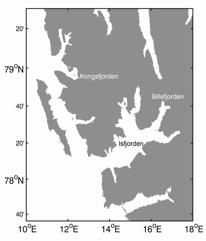 The quadrate is the area of map b) which shows the different fjords sampled in white letters. Svalbard is a high-arctic archipelago which stretches from around 76 north up to 80 north.