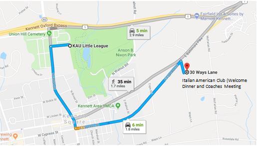 Welcome Dinner and Coaches Meeting Location - Italian American Club 30 Ways Lane, Kennett Square, PA 19348 Coming from KAU Little League Field or downtown Kennett Square Head East on E Cypress St out