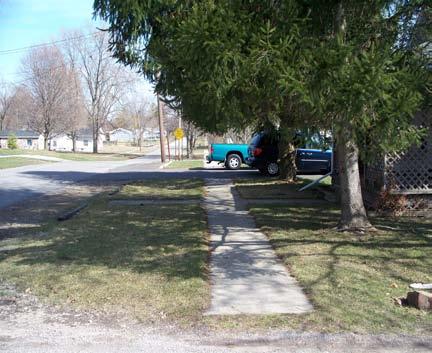 On the right, not only does the shrub encroach on the sidewalk, but there are no curb ramps at the