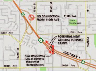 Red line shows traffic pattern with Option B: Relocate access to Highway 1 from 110th Avenue and construct a westbound on-ramp and an eastbound off-ramp at 156th Street for general-purpose traffic