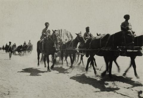 NAM. 2002-05-1-28 Indian transport crossing the desert in Palestine, 1917 Despite the risks of a long desert ride whilst low on water and supplies, the attack broke the deadlock.