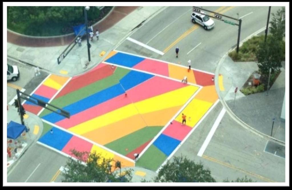 17 Painted Crosswalks Advantages No additional costs to alter the street or curbs May be visually eye catching depending on design Disadvantages Over time, the newness of the crosswalk may lose its