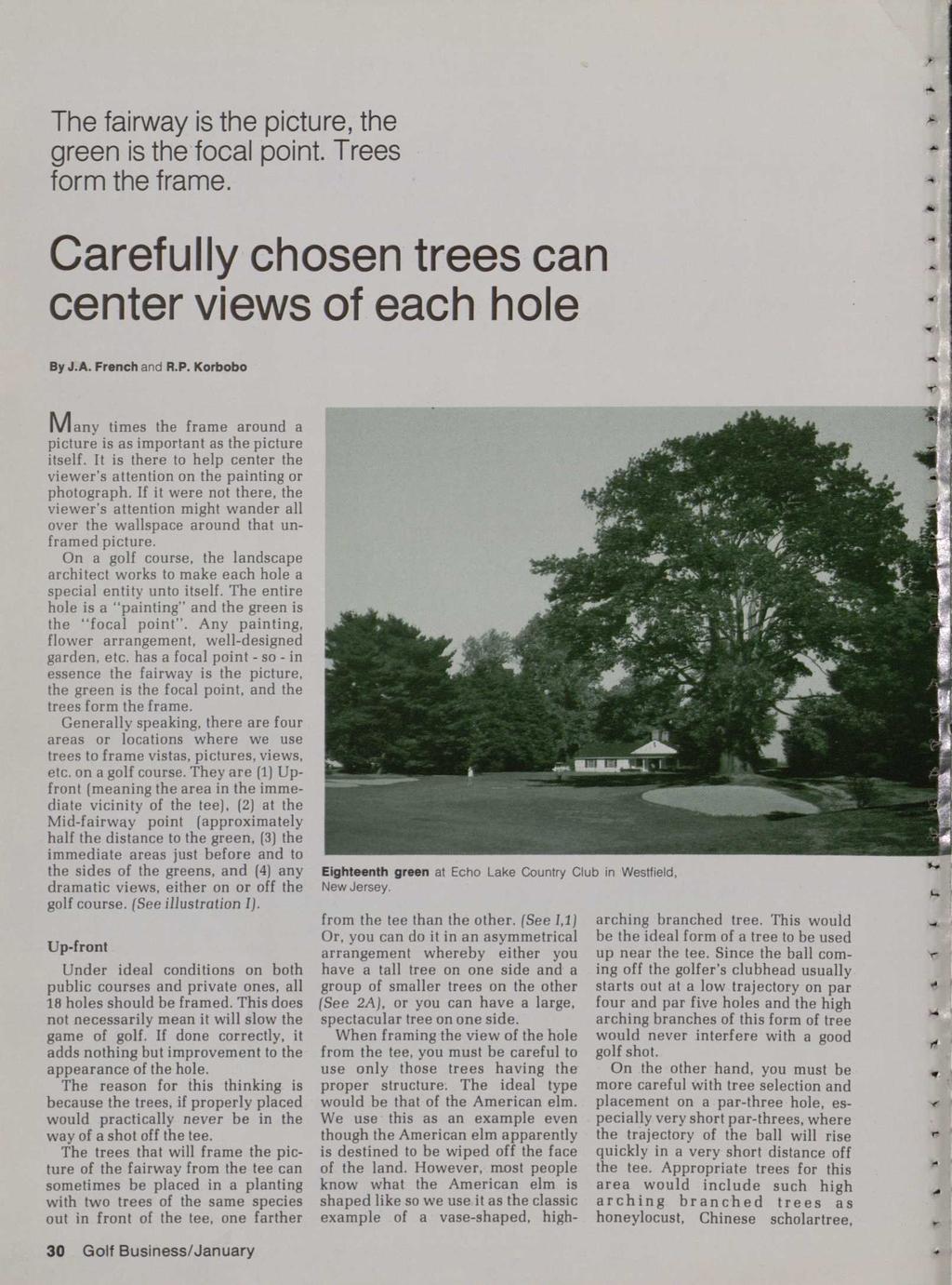 The fairway is the picture, the green is the focal point. Trees form the frame. Carefully chosen trees can center views of each hole By J.A. French and R.P.