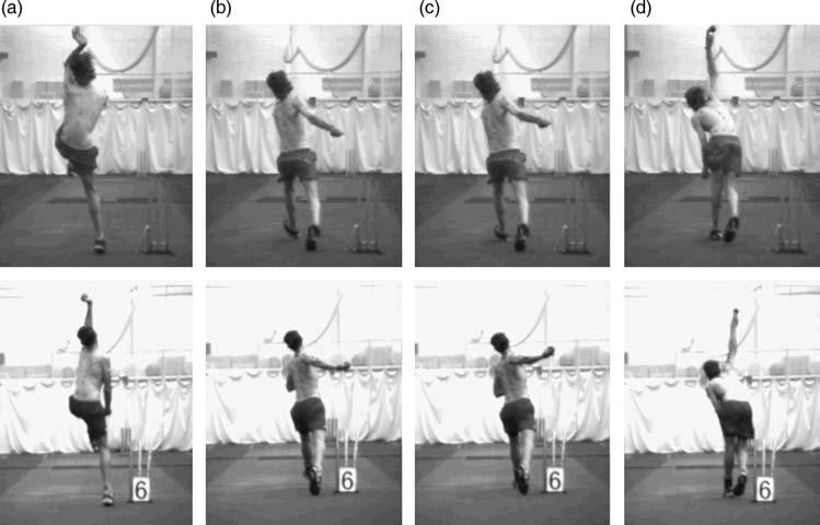 Figure 5. Example of a bowler who changed his shoulder alignment at back foot contact from front-on at initial testing (upper images a and b), to midway two years later (lower images a and b).