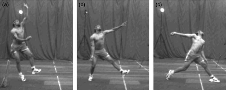Figure 1. The back knee angle; a. at back foot contact b. at maximum flexion and c. at maximum extension prior to back foot lift off. Figure 2. The front knee angle; a. at front foot contact b.