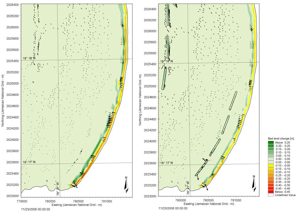 Figure 14. Bed level change and sediment transport direction south of Long Bay over the three days period, with existing conditions (L), and proposed solution (R).
