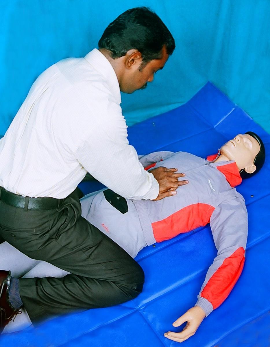 Rescuer stands behind the victim, wraps his or her arms around the victim's waist and proceeds as follows: Place the victim in the supine position face up Kneel astride the victim's thighs and place