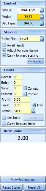 When ACTIVE mode is selected, the staking plan and stop loss are disabled, the panel containing the betting criteria and list of runners disappears, and the race grid fills the gap this is to prevent