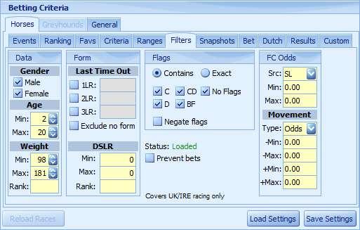 Once ticked, the odds can be entered in the Min and Max boxes. 3.6 Filters The Filters tab is used to set additional filters which are applied before betting: 3.6.1 Data - Gender You can explicitly specify the gender of the horses that you wish to consider for betting purposes.