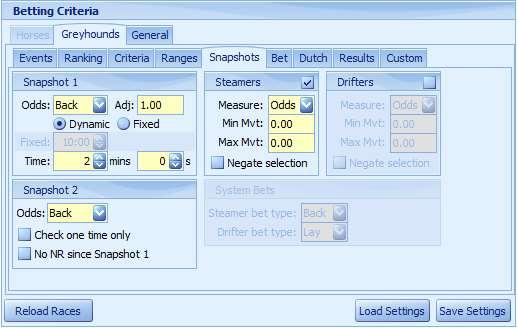 1 Snapshot 1 This section allows you to specify the time and type of the first snapshot to be taken. 4.5.1.1 Odds You can select to take either the current back or lay odds as the first snapshot.