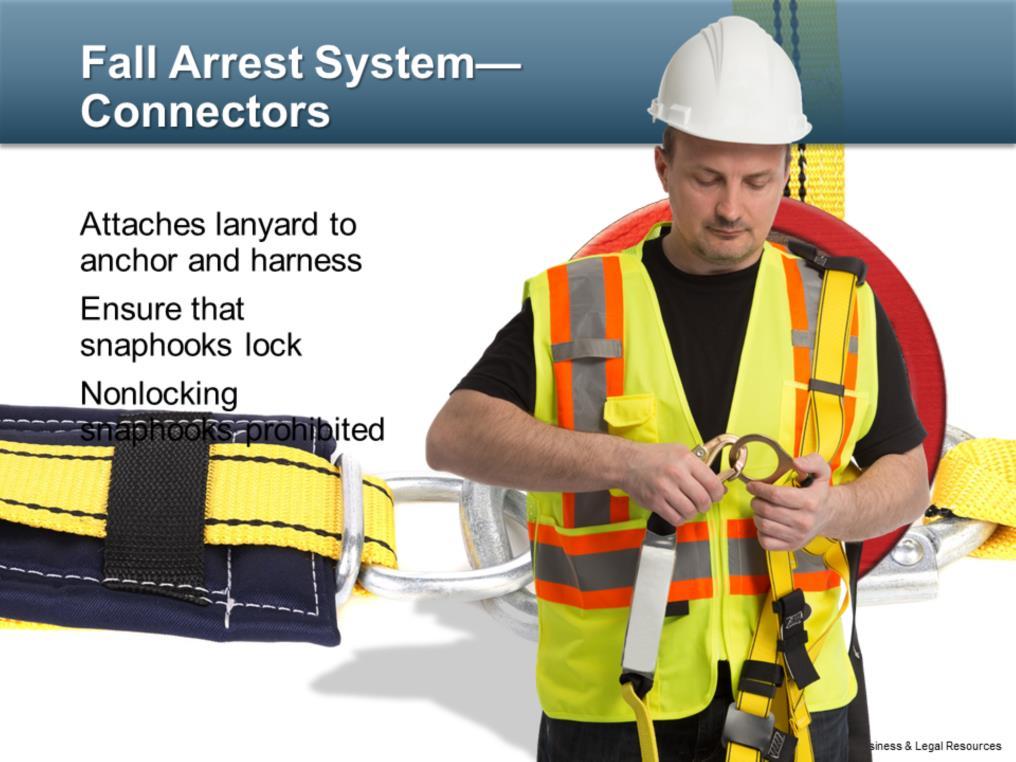 Connectors are a critical component of any personal fall arrest system. Connectors, including snaphooks and rings, are used to attach the lanyard to the anchor and the harness.