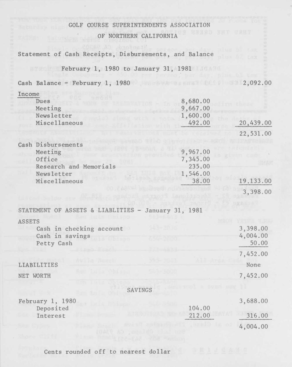 GOLF COURSE SUPERINTENDENTS ASSOCIATION OF NORTHERN CALIFORNIA Statement of Cash Receipts, Disbursements, and Balance February 1, 1980 to January 31, 1981 Cash Balance - February 1, 1980 2,092.