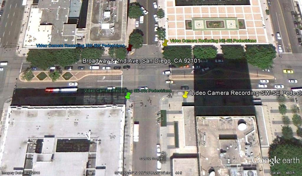 17 Figure 3.3. Video-camera locations for video-taping, adapted from Google Earth. pedestrian videotape is observed carefully to code the behavior of each pedestrian on Excels spreadsheets.