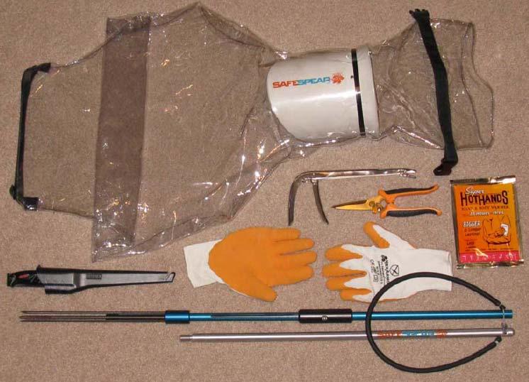 SafeSpear, LLC The Lionfish Kit includes: Polespear (Patent Pending) Bag - Deep Water Lionfish Bag (shown) or Shallow Water Lionfish Bucket Float (Patent Pending) Lionfish Gloves