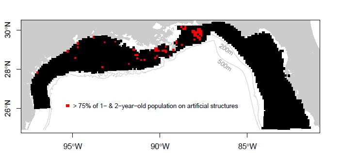 Conclusions Artificial structures can harbor the majority of Red snapper present in certain hotspots that are locally important for fishing opportunities But calculated across the entire Gulf,