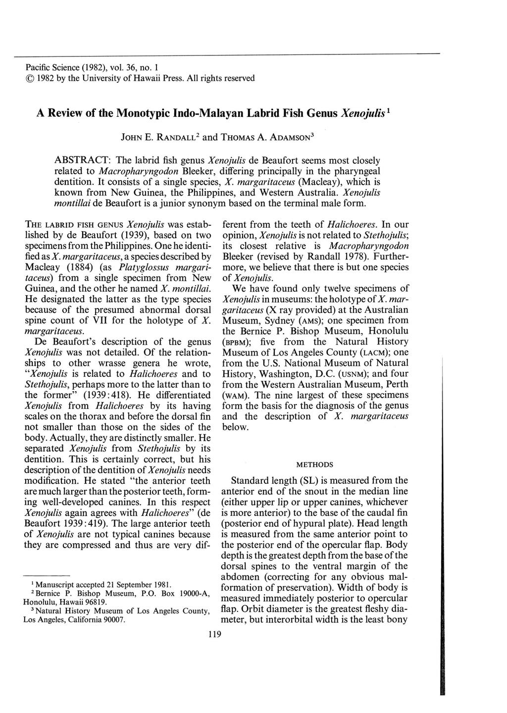 Pacific Science (1982), vol. 36, no. 1 1982 by the University of Hawaii Press. All rights reserved A Review of the Monotypic Indo-Malayan Labrid Fish Genus Xenojulis 1 JOHN E. RANDALL 2 and THOMAS A.