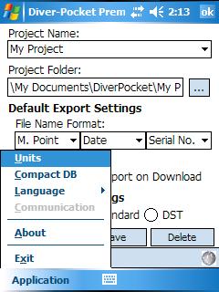 7 Application Settings You can modify the default application settings in Diver-Pocket by accessing the Application button (as shown