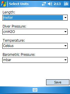 From the drop-down menus, specify a unit for each parameter (Length, Diver Pressure, Temperature, Barometric Pressure).