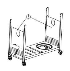 Assemble the legs (2, 3, 4, 5) to the bottom shelf (6) with 8 bolts (A) as shown.