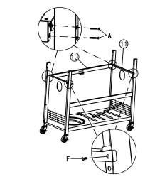 Assemble the cart front beam (10), cart braces (11) to front legs with 4 bolts (A).